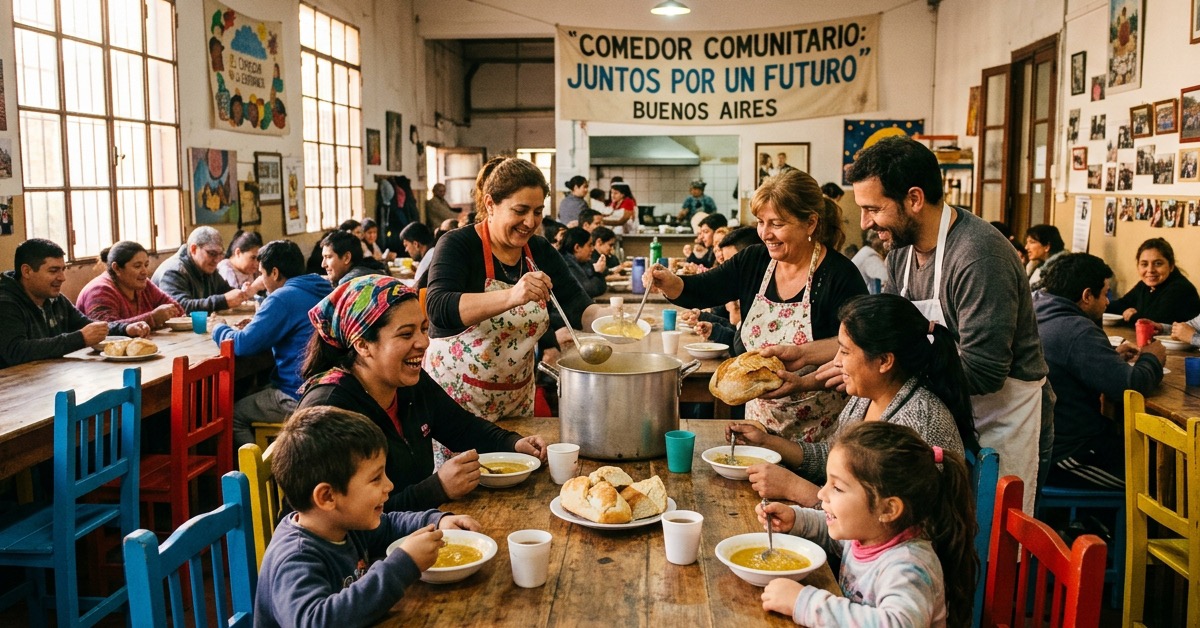 Familias y chicos en comedor comunitario con sillas recuperadas