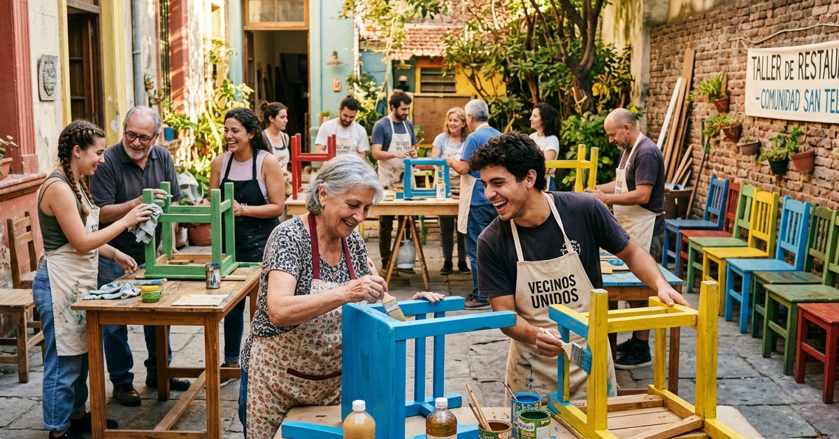 Voluntarios restaurando sillas en el patio